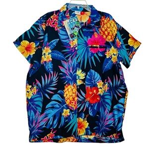 King Kameha Hawaiian Aloha Shirt XL Hybiscus Palms Pineapple Blue Tropical